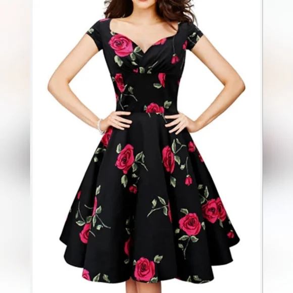 50 style swing dress Rose flower floral print dress 👗 - Picture 1 of 6
